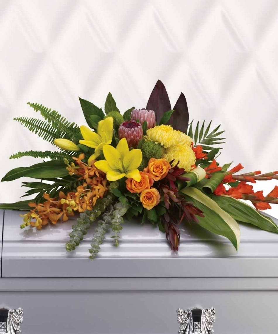 Tropical Memories Casket Spray Flowers | Whitteri & Glendora