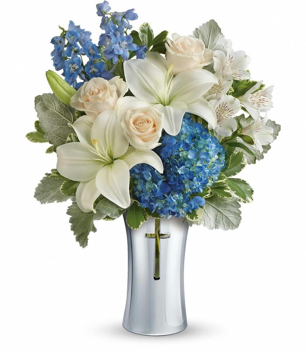 Skies of Remembrance White & Blue Flowers in Cross Vase Sympathy