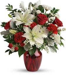 Visions of Love - Red Rose, White Lily, Red Carnation Bouquet